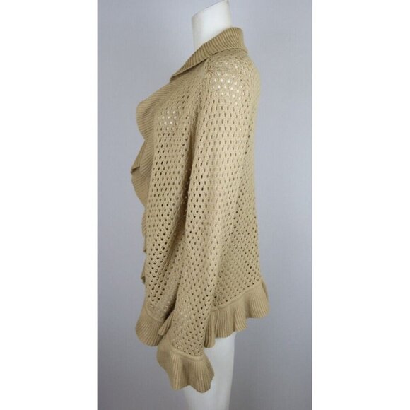 Women's Beige Open Swing Cardigan Sweater - Ruffle - Size M - Picture 2 of 5